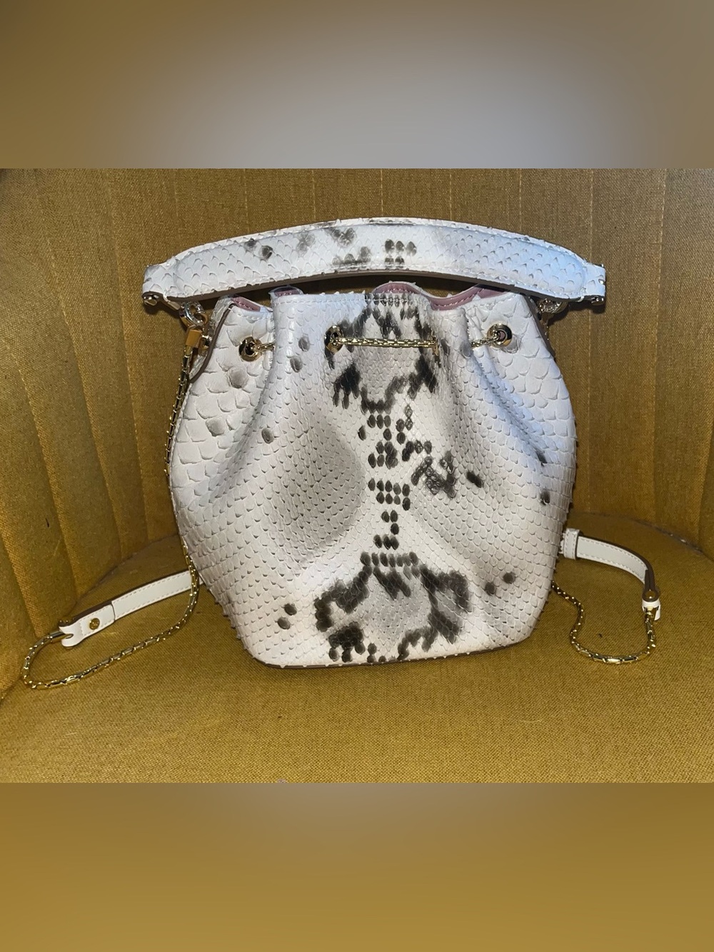 Source Unknown White Python-Embossed Drawstring Crossbody with Black Accent